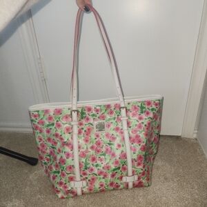 Dooney & Bourke Leather Floral Tote Bag with Pink and Green Design